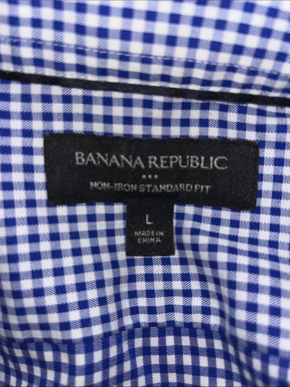 Blue White Non Iron Gingham Check Plaid Banana Republic LS Shirt L STD Fit Men’s